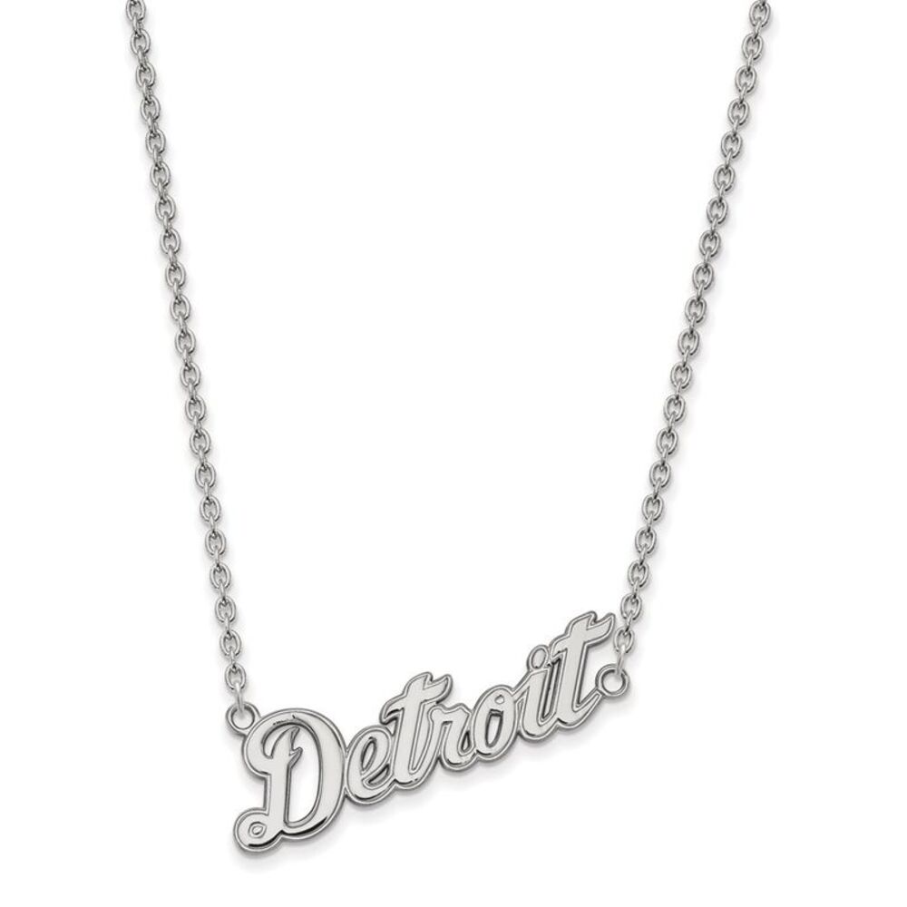 14K White Gold MLB Detroit Tigers Large Script Necklace, 18 Inch